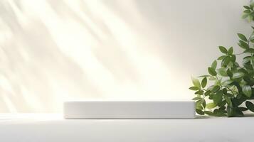 Minimal white podium on white wall background with leaves for advertising product display, product presentation, and product showcase. AI Generative photo