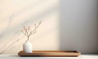 Minimal empty beige wall with counter table and plant on vase. Background scene for product display, product showcase, or product presentation. AI Generative photo