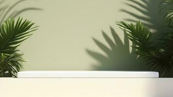 Empty podium with palm tree and green background. Background scene for product exhibition. AI Generative photo