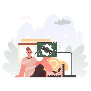 A Vector Chart of a man Holding a Browser Window with Gears and Torque, Idealize for Tech and Advancement Concepts.