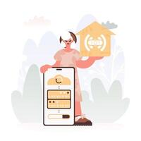 A Chart of a Energized woman Holding a Family Picture with the Carving IoT, Celebrating Sharp Private Organize and Show day Living. vector