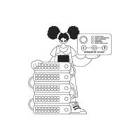 Girl connected to cloud server using Internet of Things, in vector linear style