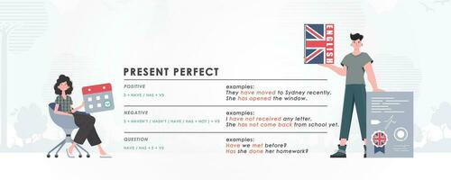 Present perfect. Rule for the study of tenses in English. The concept of learning English. Trend character style. Vector. vector