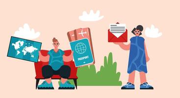 A man and woman sitting on a chair holding a letter and a globe vector