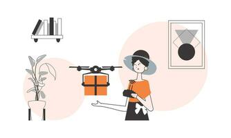 The girl sends a parcel with a drone. The concept of cargo delivery by air. Linear style. vector