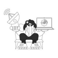 A cartoon character sitting on a chair with a laptop vector