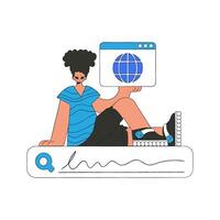 A man sits on a search bar and holds a browser window in his hands. Search for information. Linear retro style character. vector