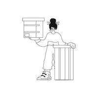 Girl holds box in hands. Parcel delivery. Linear style, vector illustration.