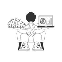 A black and white illustration of a person sitting on a chair with a laptop vector