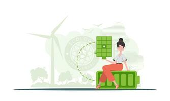 Eco energy concept. The girl sits on a battery and holds a solar panel in her hands. trendy style. Vector illustration.