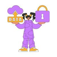 Girl with cloud storage and a lock to secure it. vector