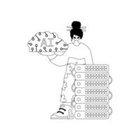 Girl and AI server with AI theme, rendered in a linear style vector