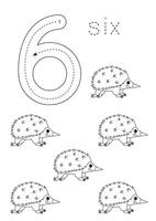 Flashcard number 6. Preschool worksheet. Cute cartoon echidna. vector