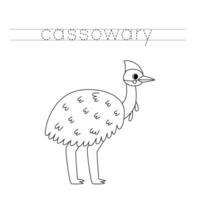 Trace the letters and color cartoon cassowary. Handwriting practice for kids. vector