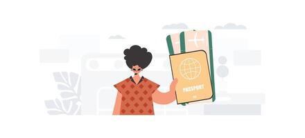 The person holds a around the world id and conversation almost tickets in his hands. The concept of rest and travel. Trendy style, Vector Illustration