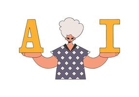 .Illustration of a man holding AI letters in a AI theme. vector