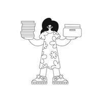 Girl holding numerous documents. Linear style. Vector illustration.