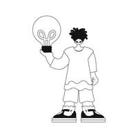 Man holds light bulb in hands concept ideas, linear illustration. . vector