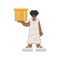 Delightful girl is holding a box. Understanding the process of parcel and cargo delivery. vector