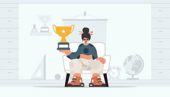 Excited lady holding the winner's holder. Trendy style, Vector Illustration