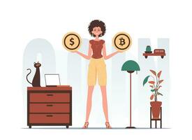 The concept of mining and extraction of bitcoin. A woman holds in her hands a bitcoin and a dollar in the form of coins. Character in trendy style. vector