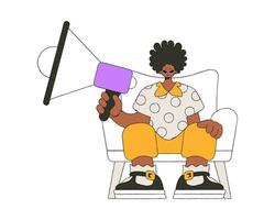 A young guy sits in a chair and holds a megaphone in his hand. Good for job search topics. vector