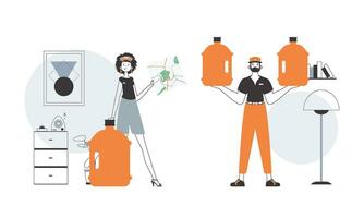 Water delivery concept. A guy and a girl deliver water on order. Lineart style. vector