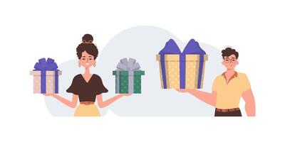 The guy and the girl are holding gifts in their hands. The concept of holiday greetings for Valentine's Day. vector