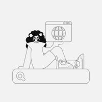 A unique woman is holding a browser window. Black and white style. vector