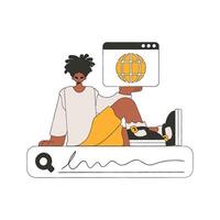 A man sits on a search bar and holds a web browser in his hands. Search for the necessary information on the Internet. Linear retro style character. vector