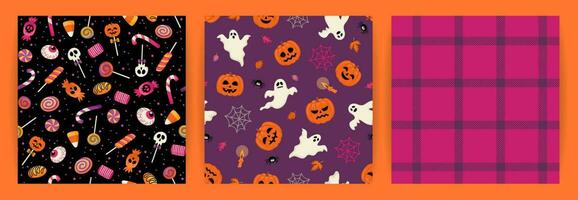 Halloween backgrounds. Seamless patterns with Halloween symbols. Vector design