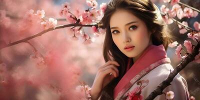 fotorrealista imagen de un hermosa japonés niña entre Cereza flores productos cosméticos publicidad. ai generado foto