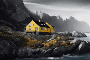 Yellow house fjord island. Generate Ai photo