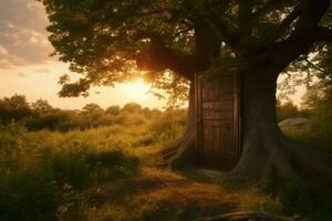 puerta árbol puesta de sol. generar ai foto