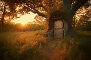 Door tree sunset path. Generate Ai photo