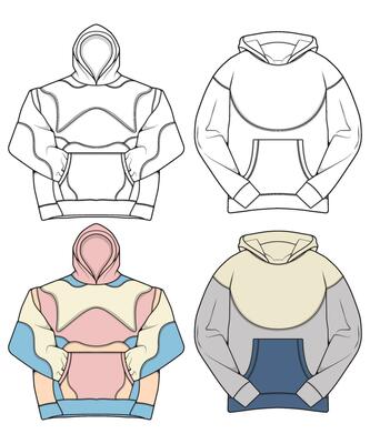 Girl's cropped Sweatshirt design fashion flat sketch template. Oversize crop  Hoodie sweat with long sleeves techical drawing template. Hoodie fashion  cad. Stock Vector