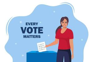sonriente joven mujer poniendo votar papel dentro elección caja para general regional o presidencial elección. vector ilustración.