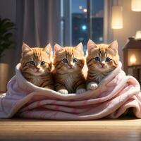 A group of adorable kittens cuddled up together in a cozy blanket fort art by AI Generative photo