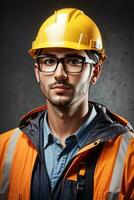 Confident handsome worker in uniform and safe at workplace by AI Generative photo