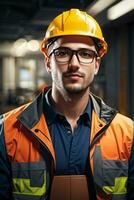 Confident handsome worker in uniform and safe at workplace by AI Generative photo