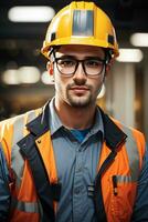 Confident handsome worker in uniform and safe at workplace by AI Generative photo