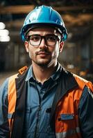 Confident handsome worker in uniform and safe at workplace by AI Generative photo