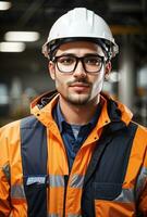 Confident handsome worker in uniform and safe at workplace by AI Generative photo