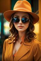 mujer en moderno ropa con Gafas de sol por ai generativo foto