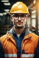 Confident handsome worker in uniform and safe at workplace by AI Generative photo