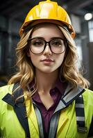 Young woman in safety equipment working by AI Generative photo