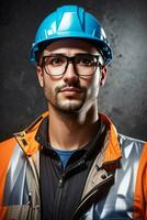 Confident handsome worker in uniform and safe at workplace by AI Generative photo