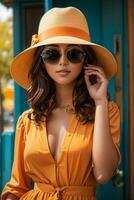 Woman in modern clothes with sunglasses by AI Generative photo