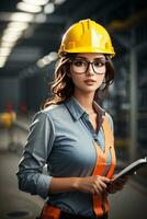 Young woman in safety equipment working by AI Generative photo