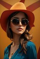 Woman in modern clothes with sunglasses by AI Generative photo